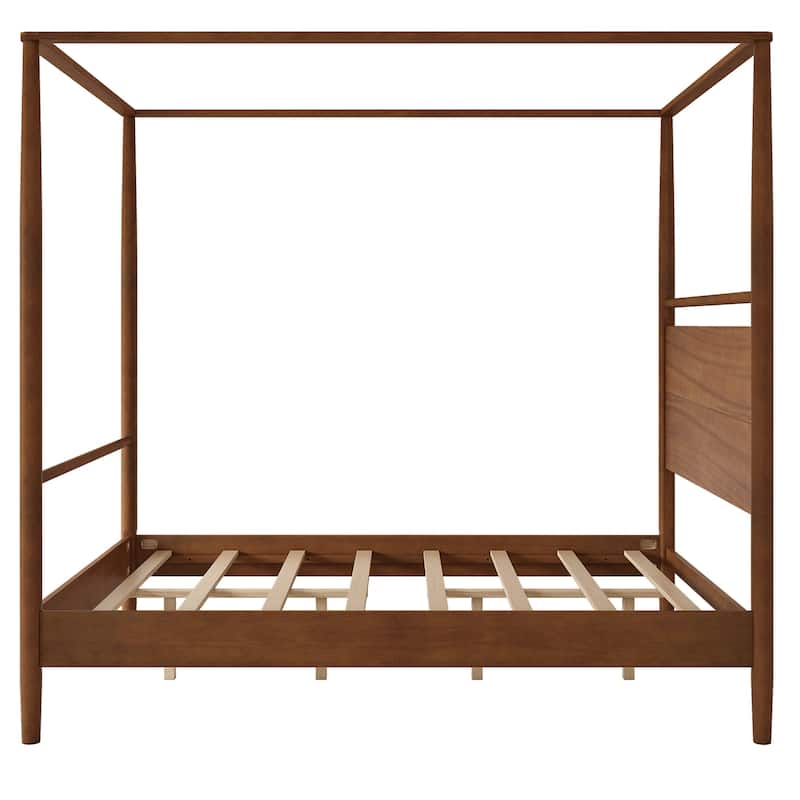 Walnut Wooden Canopy Bed Frame Panel Wingback Bed Four Posters Bed with Complete Roller Track on The Top No Box Spring Needed