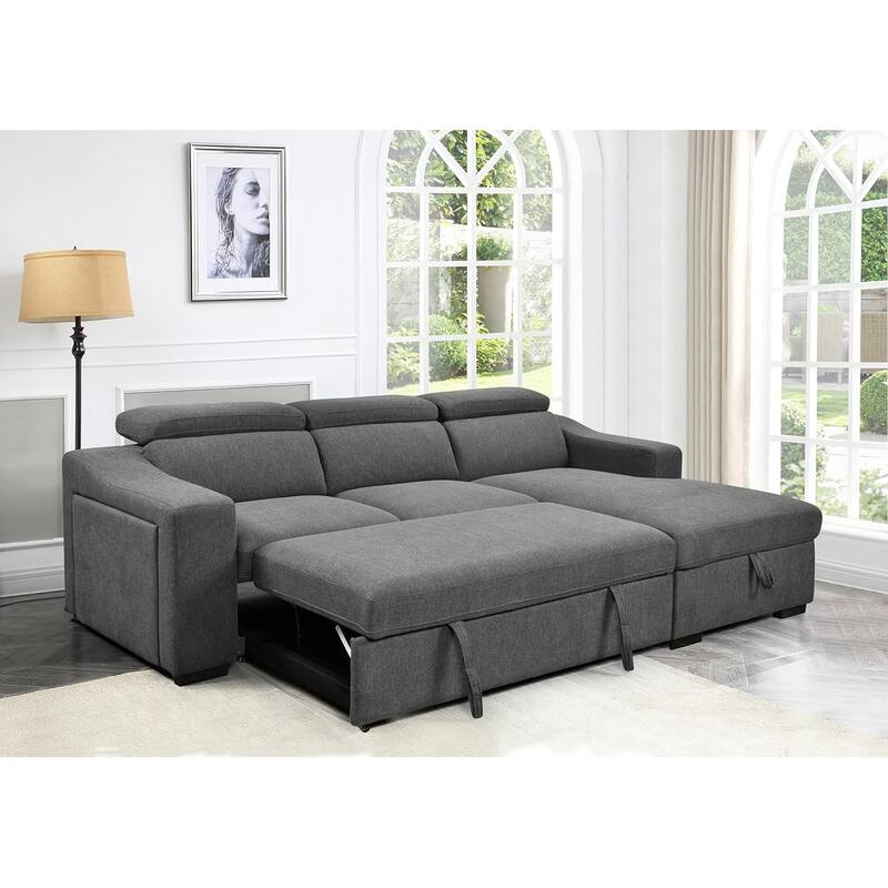 Roomfitters 103" Convertible Sectional Sofa with Storage Chaise, Adjustable Headrests, L-Shaped Sleeper Corner Sofa, Dark Gray