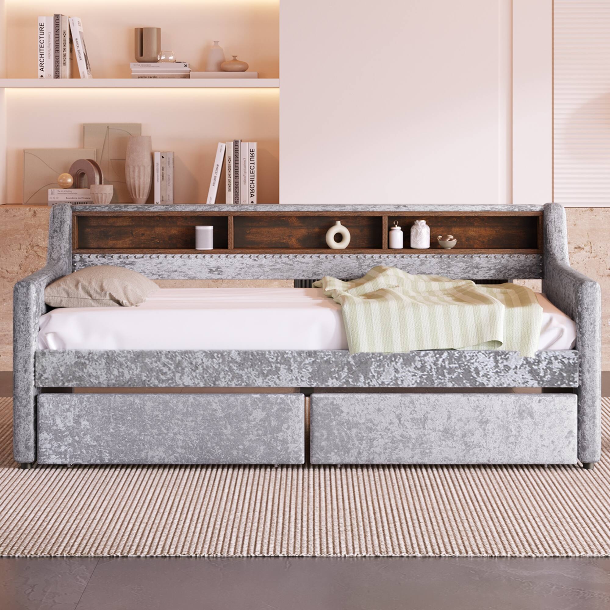Velvet Daybed with Two Storage Drawers and Builtin Storage Shelves