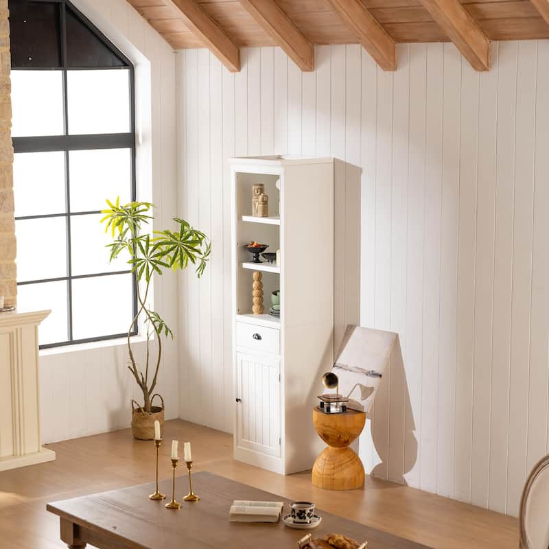75'' Tall Display Shelf with Cabinet, Retro Style cabinet for Hallways Living Room, Kitchen, Home, Studio or Workspace - White