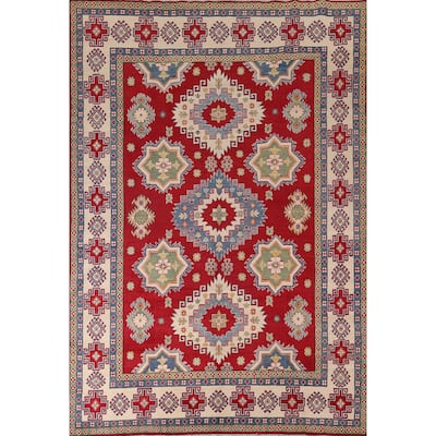 Red Geometric Kazak Oriental Area Rug Hand-Knotted Wool Carpet - 8'1" x 11'0"