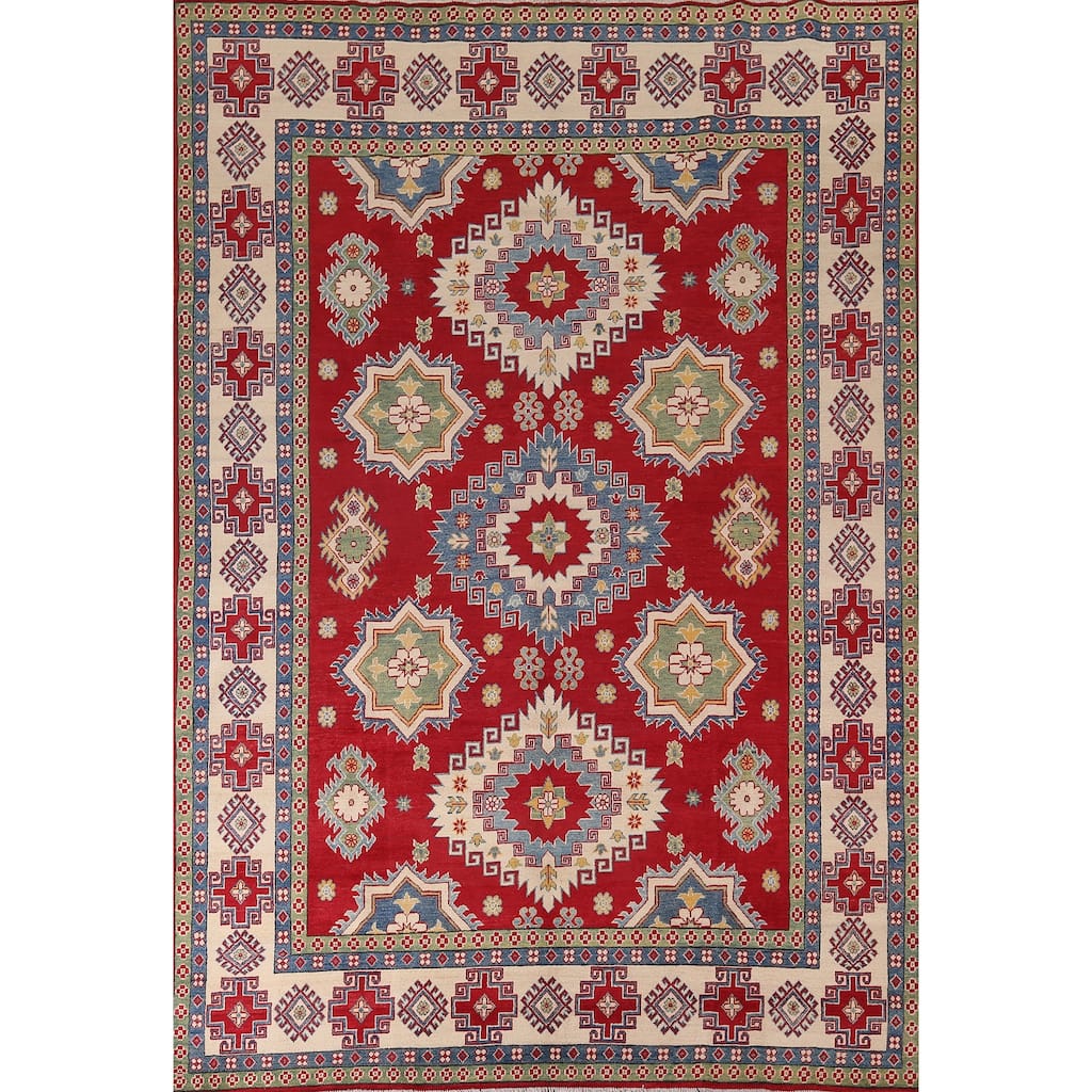 Red Geometric Kazak Oriental Area Rug Hand-Knotted Wool Carpet - 8'1" x 11'0"