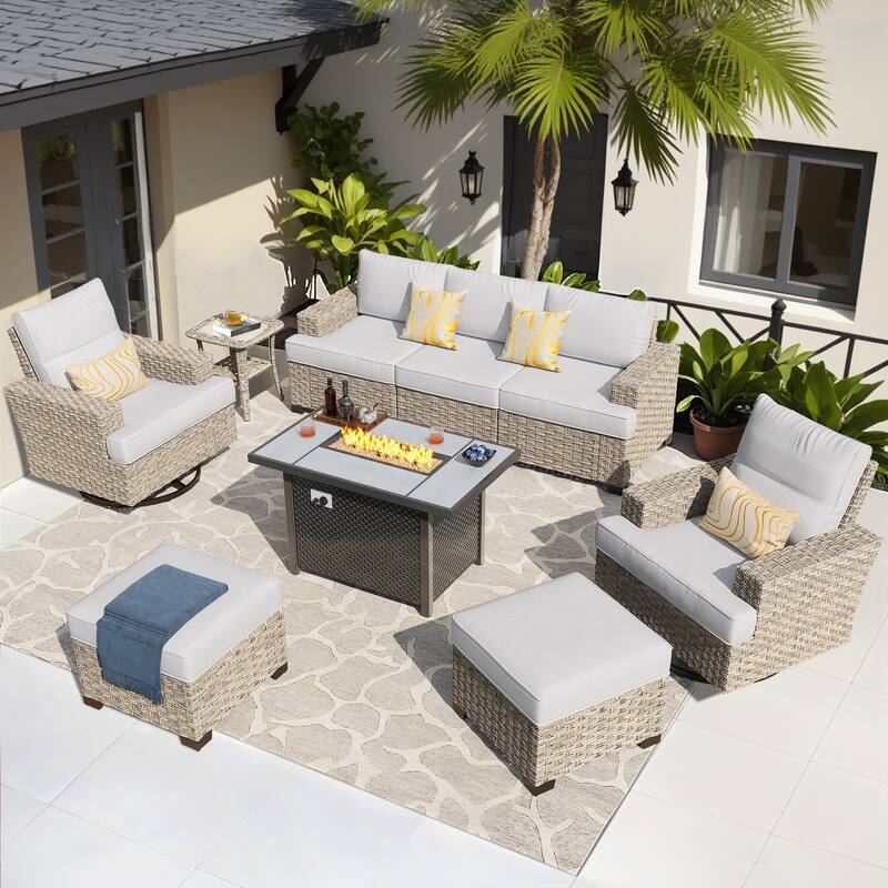 HOOOWOOO 9-piece Wicker Patio Furniture Swivel Rocking Chair Set with Fire Pit - Grey