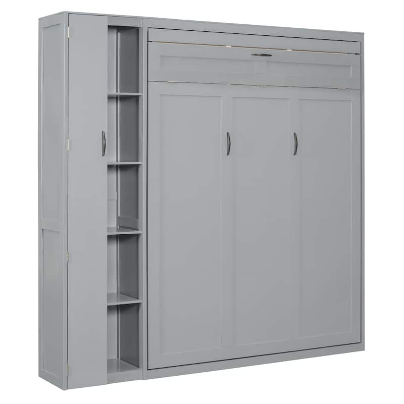 Queen Size Murphy Bed Wall Bed with Shelves, Wardrobe and LED Lights