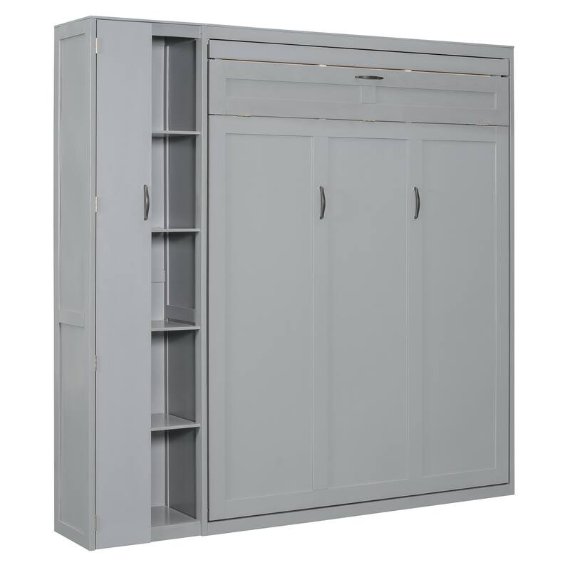 Queen Size Wall Bed with Shelves, Wardrobe, and LED Lights, Space-Saving Design