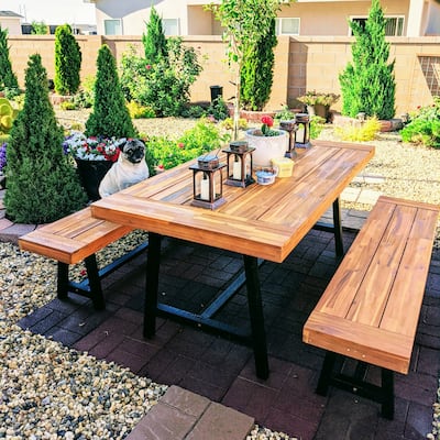 MAISON ARTS 1 PCS Acacia Wood Bench/3PCS Patio Dining Set with 1 Rectangular Table and 2 Benches
