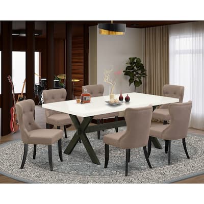 Southwestern Style Dining Set - 7 Piece Mid Century Table & Chairs - Linen Fabric Upholstered Kitchen Dining Room Set