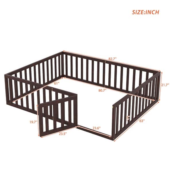 dimension image slide 1 of 2, Queen Size Wood Floor Bed Frame with Fence and Door Montessori Floor Bed with Rails for Kids Boys & Girls