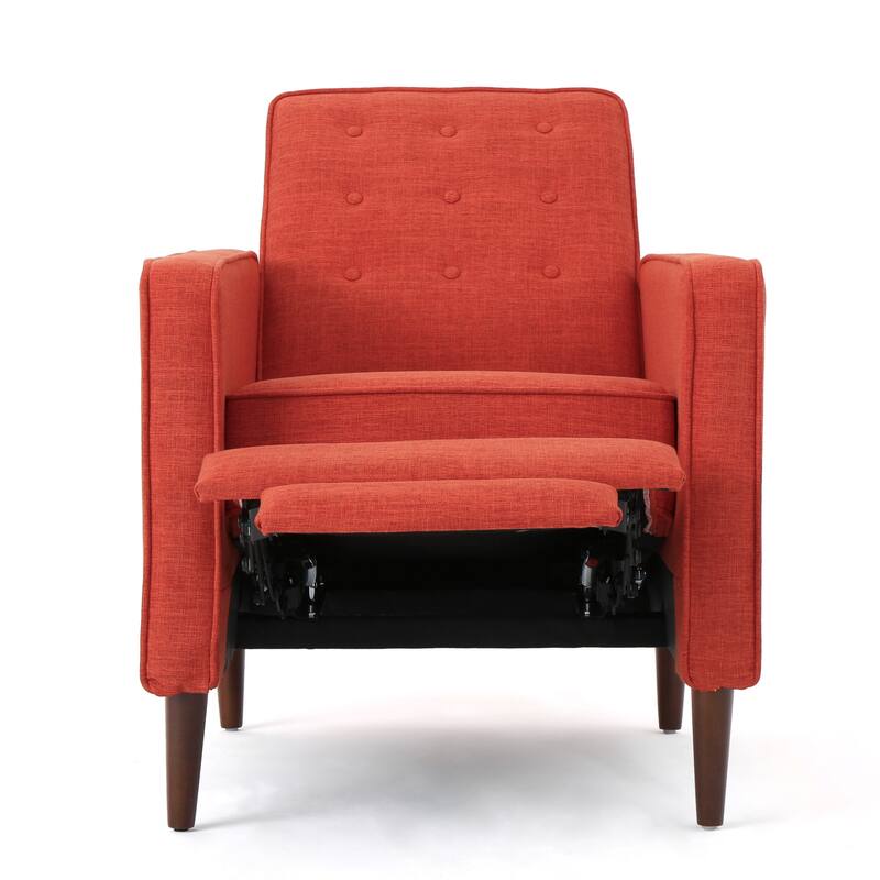 Orange Fabric Mid-Century Upholstered Push Back Recliner with Footrest, Button-tufted Backrest, Beech Wood Legs