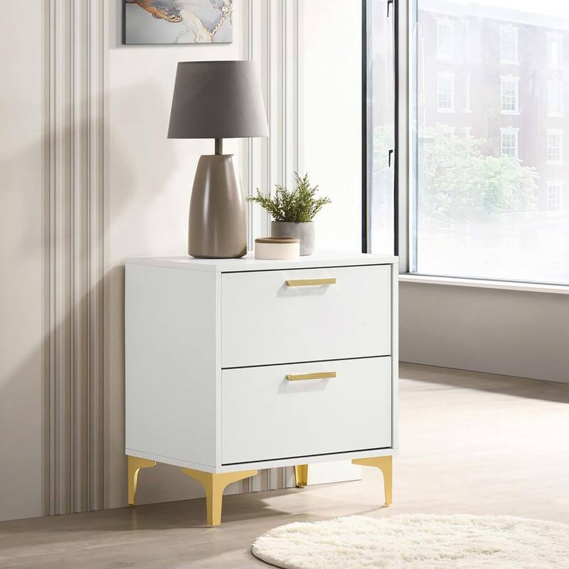 White and Gold 2-Drawer Rectangular Nightstand for Bedroom - White