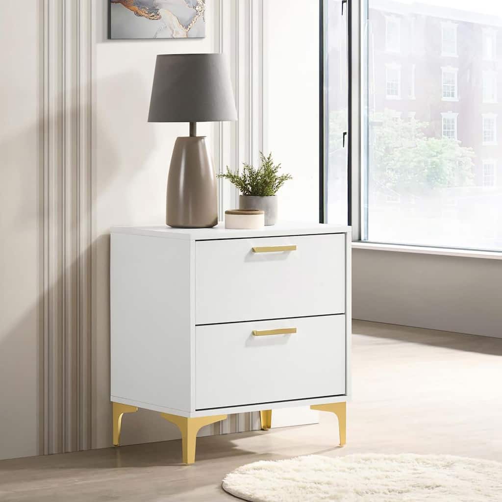 White and Gold 2-Drawer Rectangular Nightstand with Gold Pull Handles
