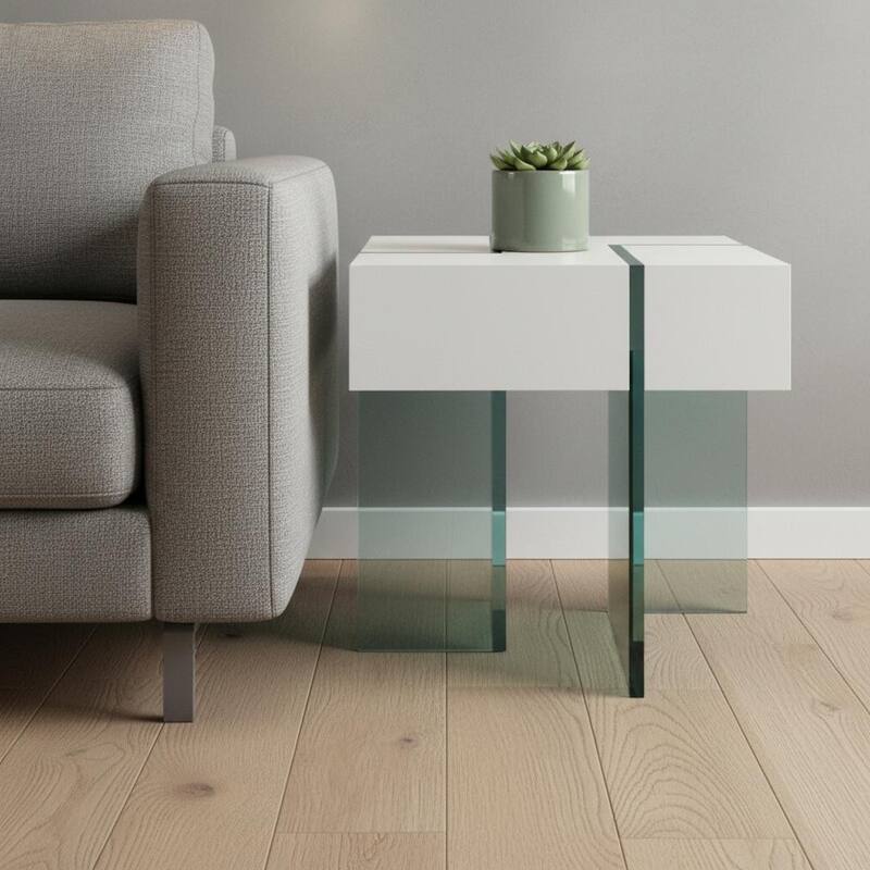 HomeRoots 22" White And Clear Wood And Glass Square Sled End Table - 22.00 in. x 22.00 in. x 22.00 in. - White - Wood