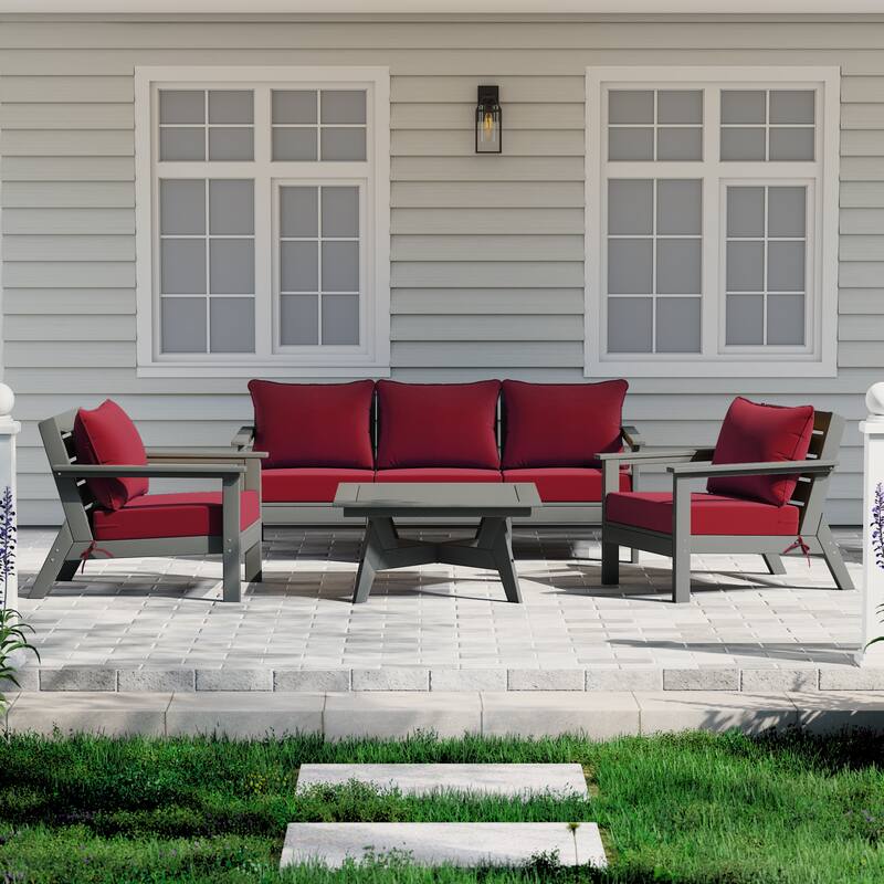 Birchwood All Weather HDPE Outdoor Patio Gray Deep Seating Conversation Set (6-Piece Set) - Gray/Red