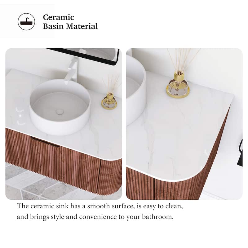 Plywood Wall-Mounted Bathroom Vanity Set with Integrated Ceramic Sink in Natural Wood