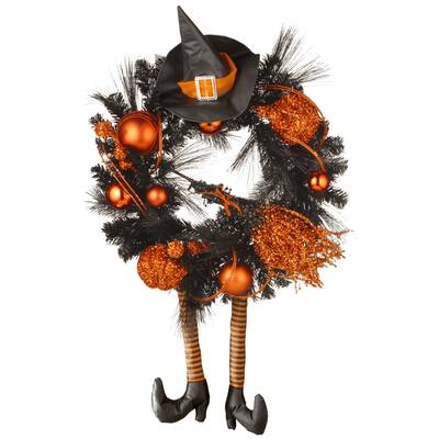 Witch with Ball Ornaments Halloween Wreath, Black and Orange 24-Inch - as picture