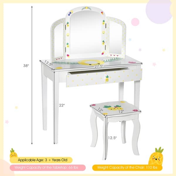 White Kids Vanity Table Set with Tri-Folding Mirror and Large Drawer Perfect for Girls - 27.5"L x 13.5"W x 38"H