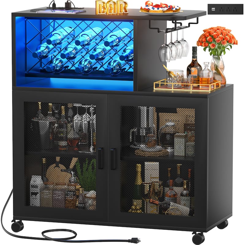 Bar Cart with Charge Station and LED Light, Rolling Home Bar Liquor Cabinet - 31.5'' W