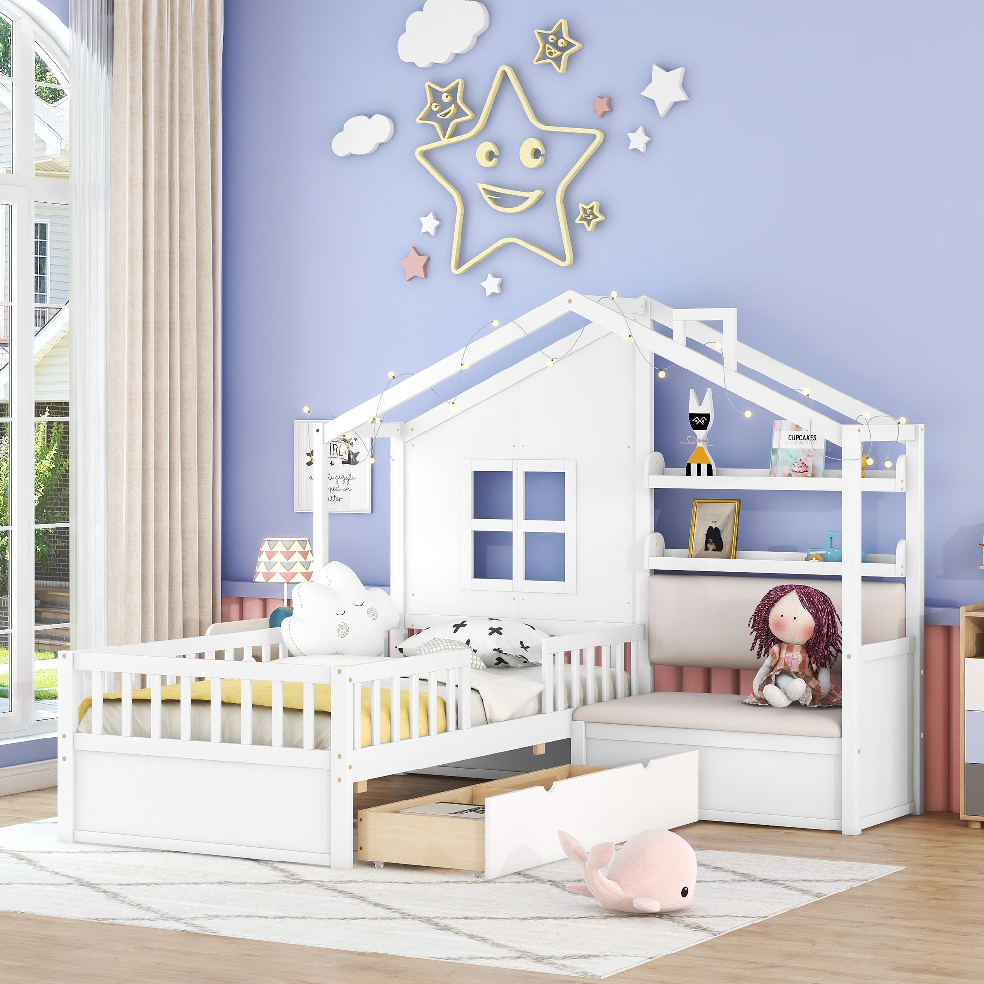 Twin Upholstered House Bed with Sofa Kids Platform Bed 2 Drawers and Storage Shelf