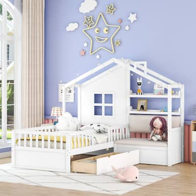 Twin Size House Bed with Sofa, Platform Bed with Two Drawers and Storage Shelf, White