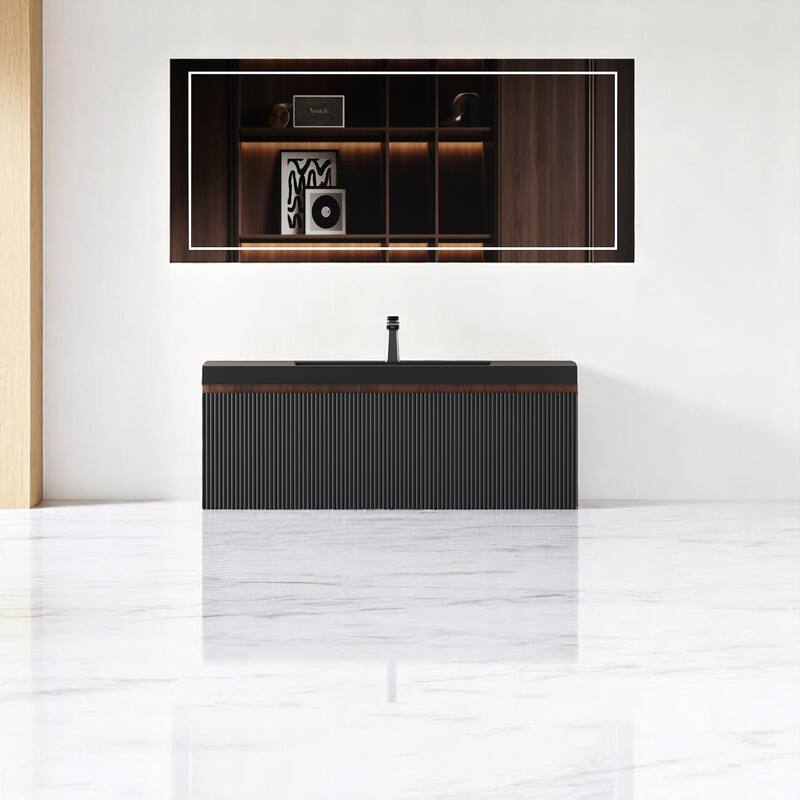 24''/30''/36''/42'' Floating Vanity,Smoked Walnut Storage Cabinet with Soft-Close Drawers,Black Quartz Sand Sink,Wall-Mounted - 42