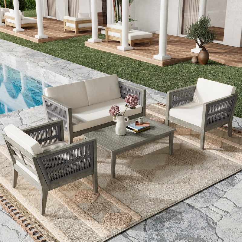 4-Pieces Acacia Wood Patio Furniture Set, Outdoor Coffee Table Conversation Set Deep Seating w/ Soft Cushion