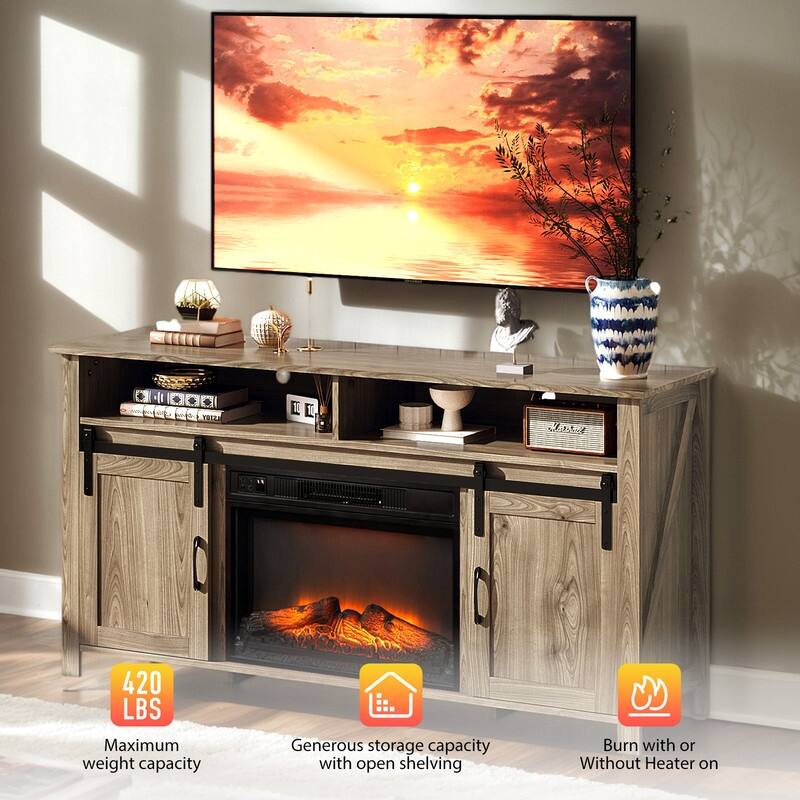 Farmhouse 59.5'' TV Stand For Tvs Up To 70'' With Electric Fireplace and Adjustable Shelves