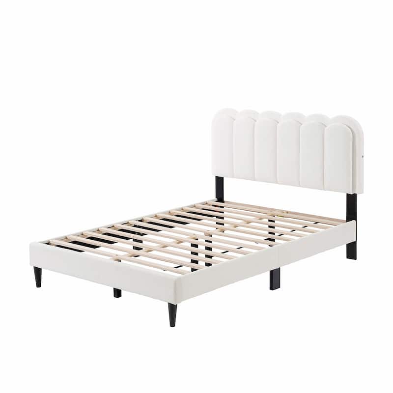 Lambswool Petal Headboard Bed Frame - Cream Style Bedroom Soft Bed with Ambient Light