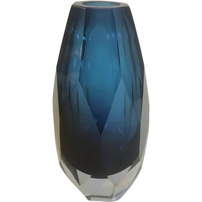Blue Cut Glass Vase Art Deco Squat Oval Decorative Table Accent