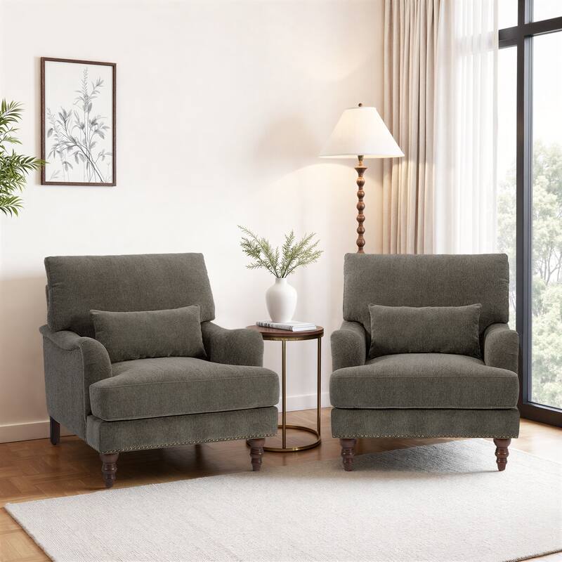 Chenille Accent Chairs with Lumbar Pillows Nailhead (Set of 2)