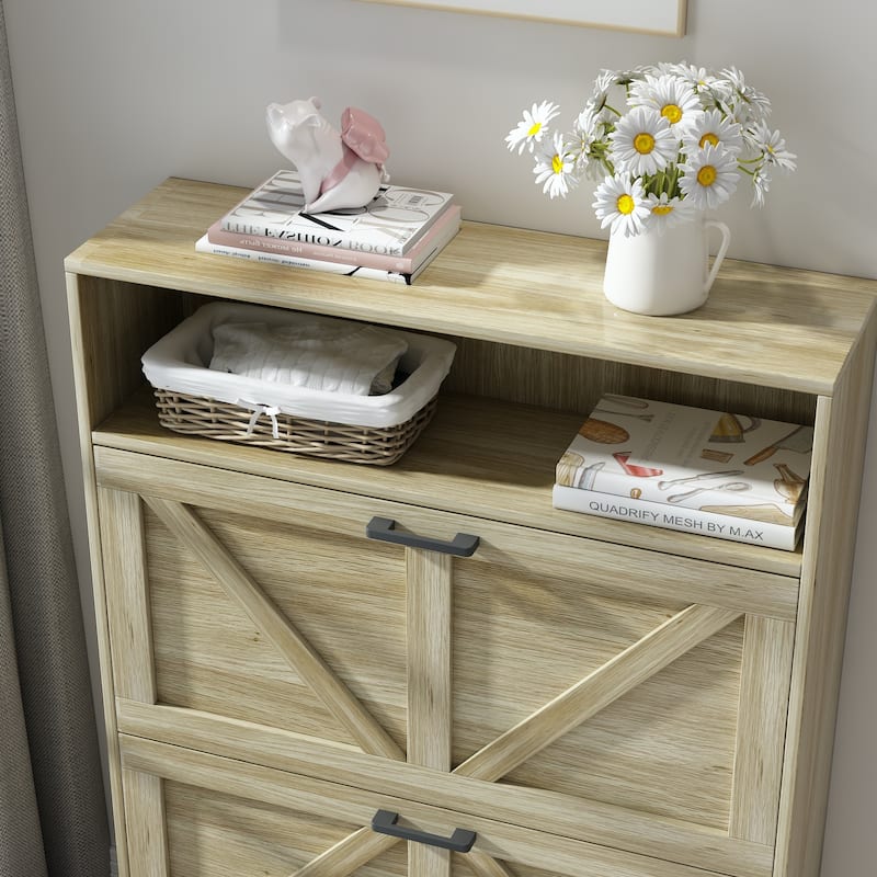 Farmhouse Shoe Storage Cabinet with Barn Door Design, Shoe Organizer with 2 Flip Drawers