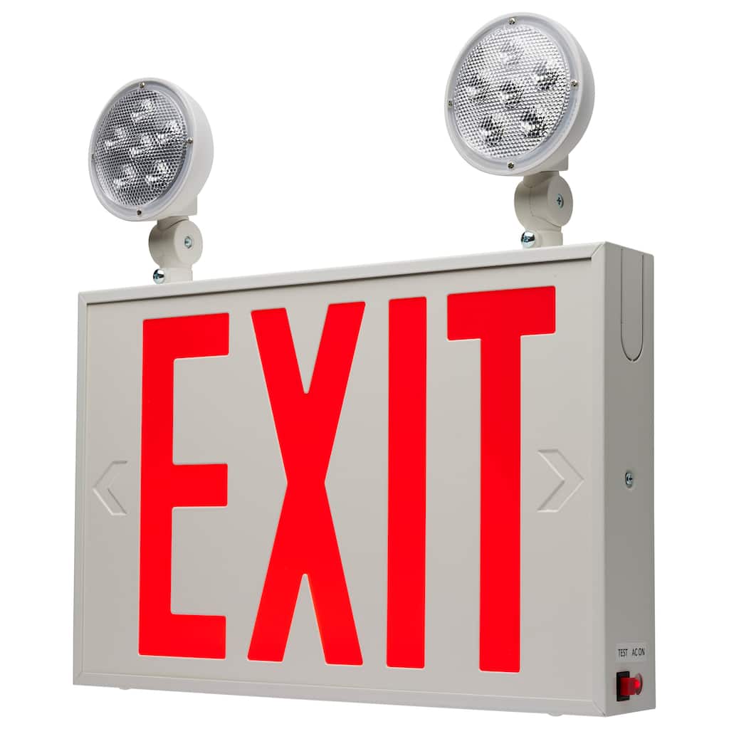 Combination Red Exit Sign/Emergency Light 90min Ni-Cad backup 120-277V Dual Head - White