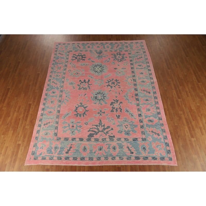 Hand Knotted Oriental 100% Wool Carpet Transitional All-Over Pink Oushak Area Rug - 12' 5'' X 9' 5''