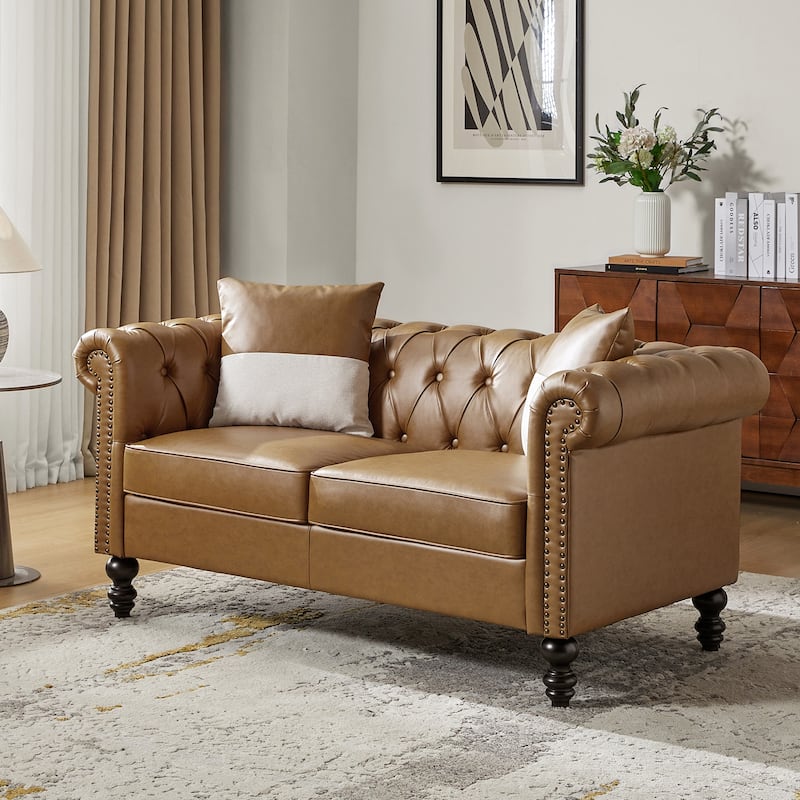 Faustina Traditional 62.2" Wide Leather Sofa with Solid Wood Legs - Camel