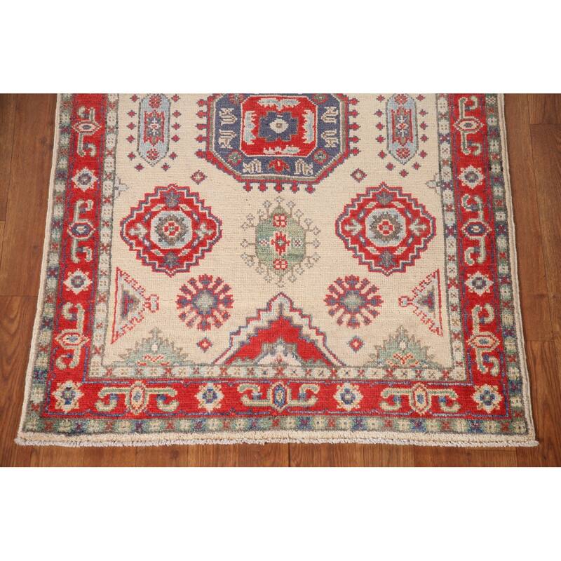 Kazak Accent Rug Hand-Knotted Geometric Beige Wool Carpet - 2'9" x 4'1"