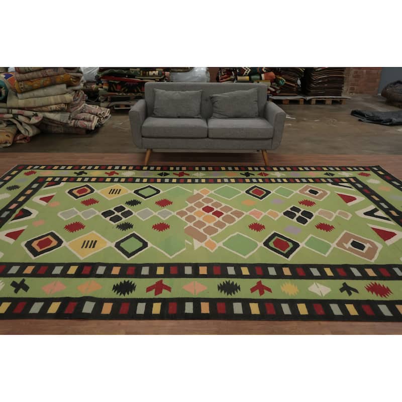 Hand Woven Oriental 100% Wool Carpet Southwestern Tribal Green Kilim Area Rug - 13' 4'' X 8' 5''
