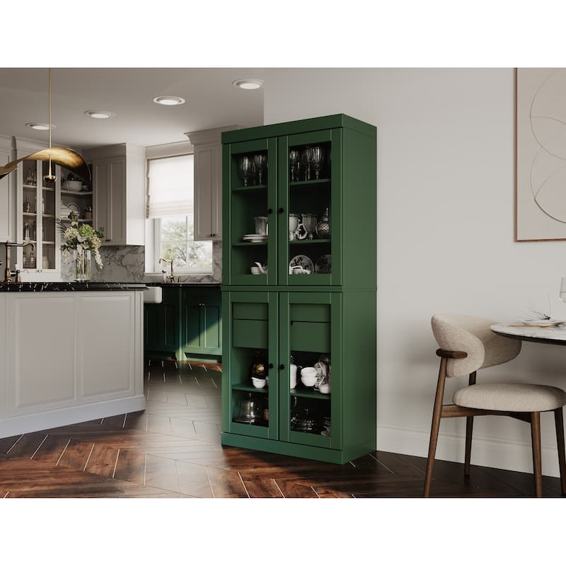 Palace Imports 100% Solid Wood Pantry Cabinet with Frosted, Clear Glass or Solid Doors, 2-Drawers and Adjustable Shelves - Green - Clear Glass
