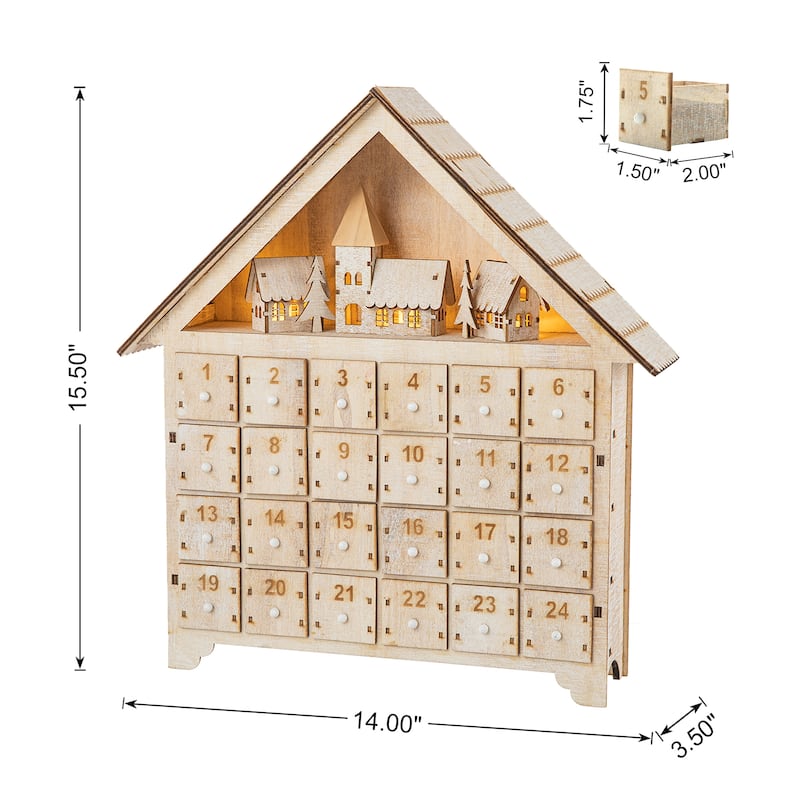 Glitzhome Christmas Wooden LED Farmhouse Countdown Advent Calendar with Drawer