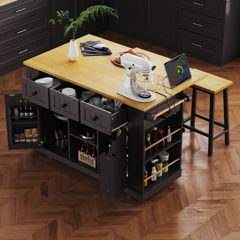53.14'' Kitchen Island with 2 Bar Stools, Power Outlet,Door Internal Storage Rack, Drop Leaf, 5 Open Side Racks, 3 Drawers