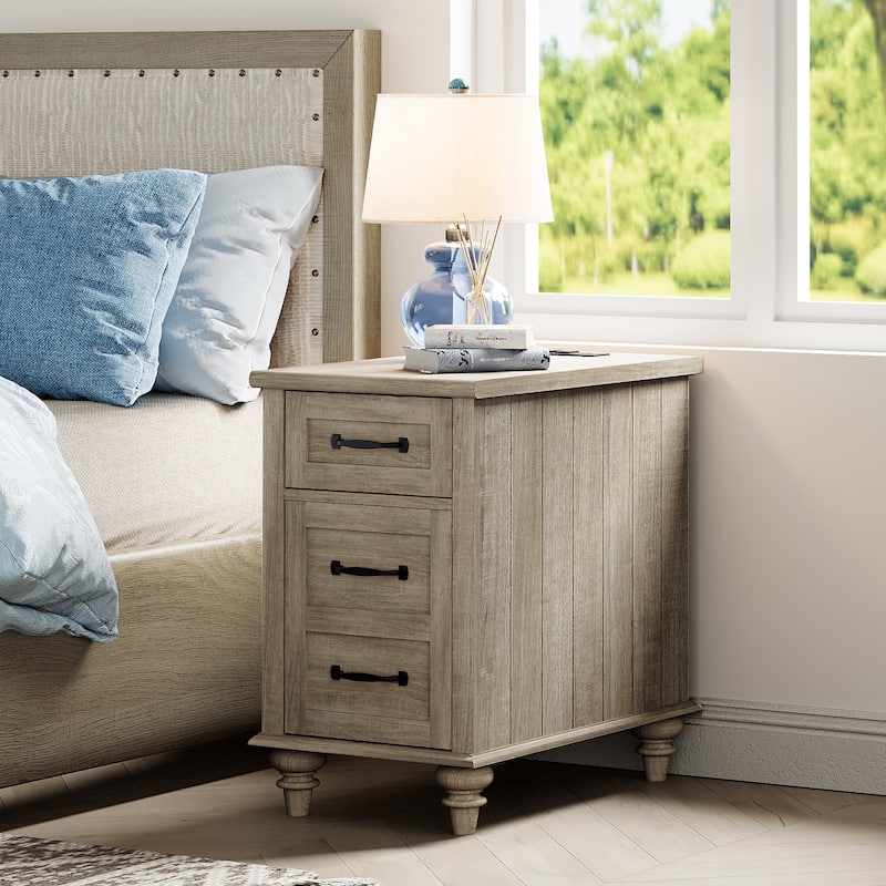 Nightstand End Table With Charging Station for Living Room Bedroom - Grey - 1-drawer