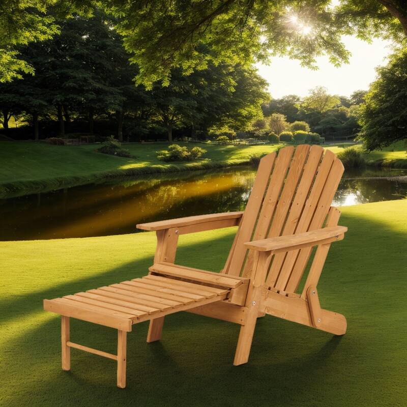 Outdoor Wooden Folding Adirondack Chair with Retractable Ottoman, Pre-Assembled BackRest & SeatBoard, Wood Patio Chair