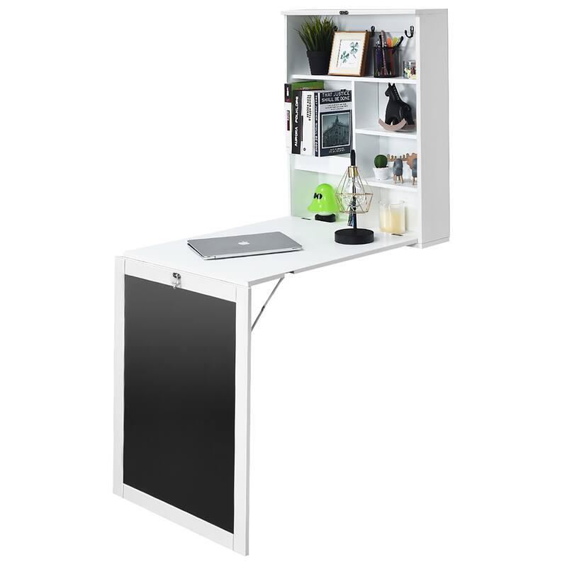 Foldable Wall Mounted Table Convertible Desk with Blackboard Shelves - White
