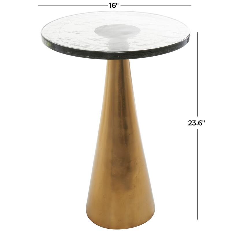Gold or Black Aluminum Cone Geometric Accent Table with Textured Glass Tabletop