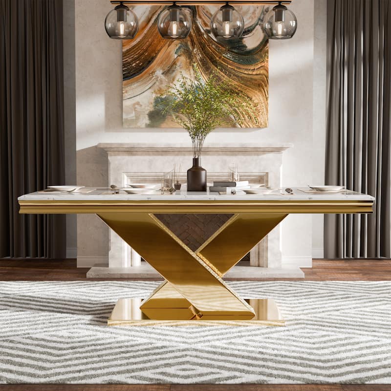 Furniture of America Thaddeus Modern X-Shaped 79-inch Dining Table with Stone Top - Gold / White