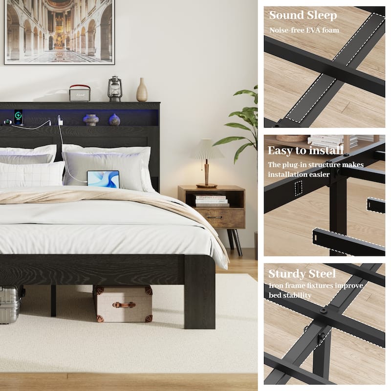 Wood Platform Bed Frame with Storage LED Light Headboard and 2 USB