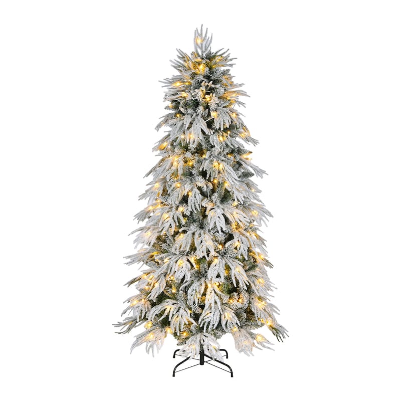 7ft Slim Flocked Christmas Tree Pre-lit w/767 Premium PE&PVC Tips, 250Warm White LED Lights, Skinny Noble Artificial Tree - White