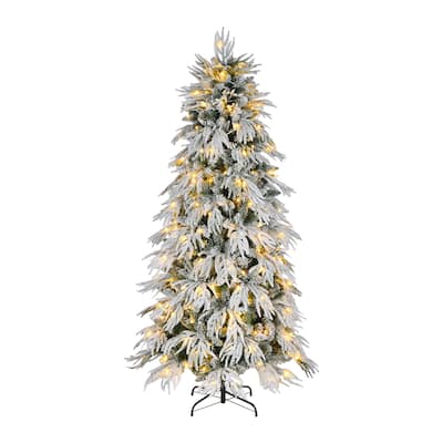 7ft Slim Flocked Christmas Tree Pre-lit w/767 Premium PE&PVC Tips, 250Warm White LED Lights, Skinny Noble Artificial Tree