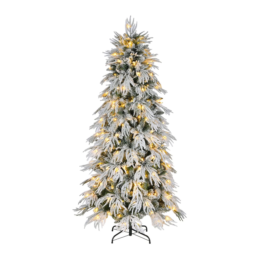 8ft Slim Flocked Christmas Tree Pre-lit w/950 Premium PE&PVC Tips,350Warm White LED Lights,Skinny Noble Artificial Tree