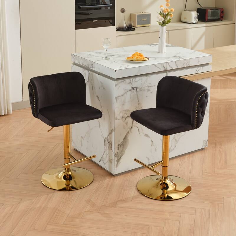 Swivel Barstools Adjusatble Seat Height With Gold-plating Base,Classic Velvet Upholstered Bar Stools,Set of 2