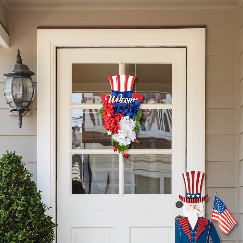 Glitzhome 22.5"H Patriotic July 4th Metal Top Hat & Hydrangea Swag Wall Decor
