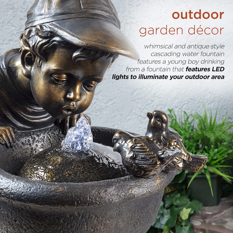 Alpine Corporation Outdoor Floor Joyful Boy and Girl Drinking Water Fountain, Playful Garden Waterfall with LED Lights